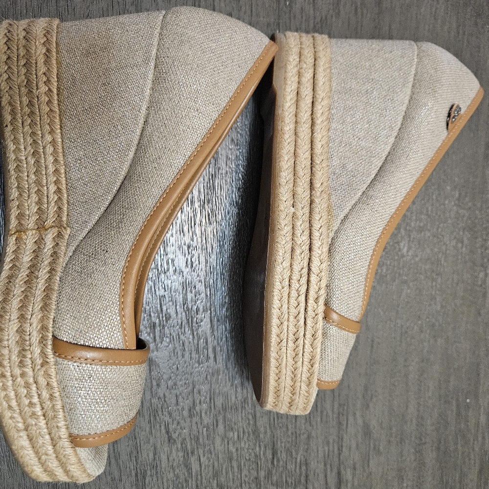 Tory Burch 6.5 Majorca Espadrille Wedge Heel Peep Toe Metallic Tan Brown Shoe - Picture 2 of 10